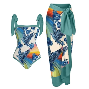 2024 Uus Värv Papagoi Prindi Ujumistrikoo Ühes Tükis Vintage Naiste Kaela Slim Bikiinid Kõrge Vöökoht Backless Unikaalne Ühe Beachwear Fashio