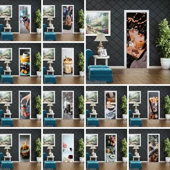 3D Uks Kleebiseid Kodu Kaunistamiseks Toa Ukse Trükkimine Art Pilt Pvc Uks, Maitsvat Toitu, Kohvi Magustoit isekleepuvad Tapeet