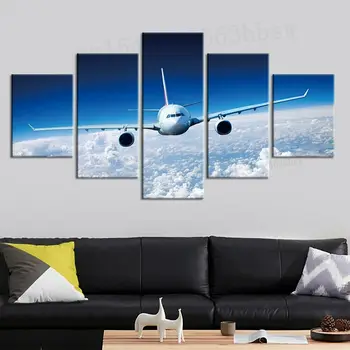 5 Paneeli Pilved Sinises Taevas Lennuk Lõuend Pilt Seina Art HD Prindi Decor Plakat Nr Raamitud 5 tk Tuba Decor Maalid