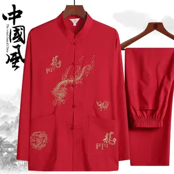 Hiina Tikand Dragon Prindi Lill Meeste Tang Sobiks Hiina Traditsiooniline Hanfu T-särk Kung Fu Mantel Isa Oriental Cardigan
