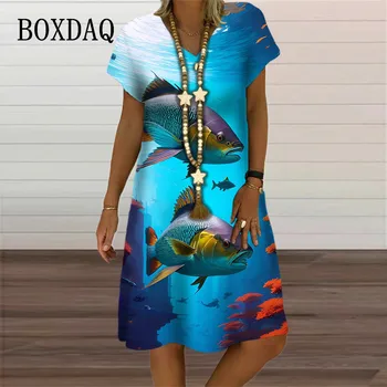 Juhuslik V-Kaeluse Naiste Kleit Ookeani 3D Kalapüügi Muster Trükitud Lühike Varrukas Kleit Suvel Rannas Stiilis Uued Naiste Kleidid, 2023 Sundress