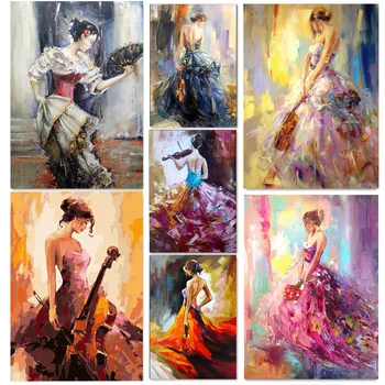 Mood Ilus Elegantne Tüdrukud Lõuendile Maali Mängida Viiul Naine Tants Plakatid ja Pildid Seina Art Pilte elutuba Decor