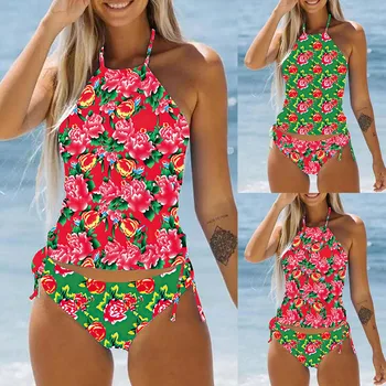 Naiste Halterneck Strappy Tankini Ujumistrikoo trikoo Õie Printida Bikini Beach Komplekt