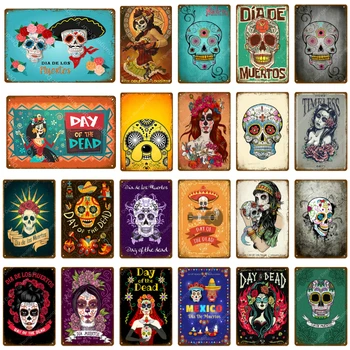 Sugar Skull Metallist Tina Märke Mehhiko Festival Päeval Surnud Tahvel Seina Maali Poster Pool Kauplus Kodu Tätoveering Ilusalongid Decor