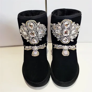 Sügisel ja talvel, uued käsi-diamond-inkrusteeritud cowhide veekindel keskel toru naiste kingad lumi saapad puuvill kingad 35-44