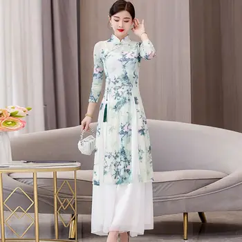 2023 hiina vintage tantsu kleit riiklike flower print silma qipao topid püksid seatud rahvatantsu kostüüm staadiumis täitmiseks kleit