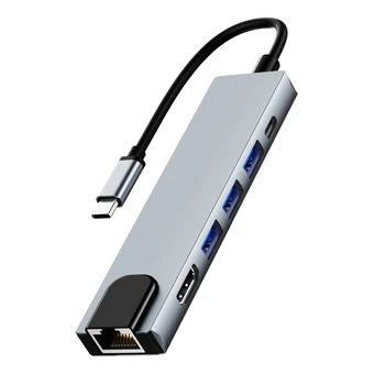 6 In 1 USB-C Jaoturi 1000Mbps Ethernet Port, 4K , 2 USB 3.0 Ja USB-3.1 Laadimine Sadamates, mis on Kooskõlas