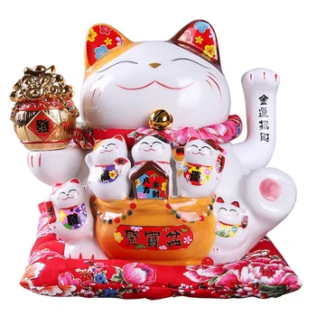 7Inch Keraamiline Beckoning Kass Maneki Neko Ornament Feng Shui Teenetemärgi Kiik Õnnelik Kass On