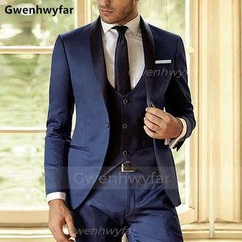 Gwenhwyfar 2023 Tumesinine Slim Fit Meeste Ülikond Peigmehe Smoking Pulm 3 Tükki Meeste Mood Kostüüm Homme (Jope+Vest+Püksid)