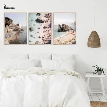 Itaalia Amalfi Ranniku Maastik Plakat Loodus Maastik, Meri, Rand, Kivi Lõuendile Maali Seascape Pilt Seina Kaunistamiseks Home Decor