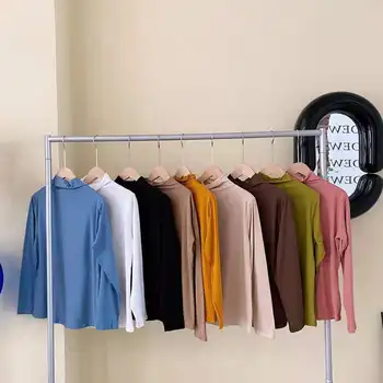 Naiste Kõrge Kaelusega Pluus Sügis Pikk Varrukas Särk Pullover Slim Korea Lihtne Põhi Värviga Tops Elastsus T-Särk Naistele