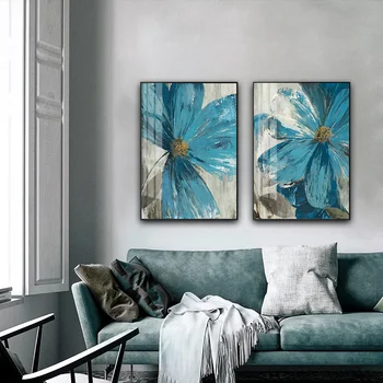 Sinine Lilled Lõuend Abstraktse Maali Poster Õitsev Elu Prindi Seina Art Pilt Elutuba Põhjamaade Taimi Kodu Kaunistamiseks