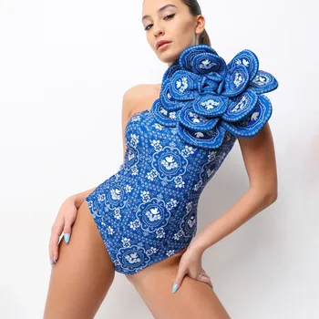 Vintage Blue Õie Printida Ujumistrikoo Naistele, Seksikas Ühe Õla Monokini, 3D Lilleline trikoo, Kõht Kontrolli Supelrõivad